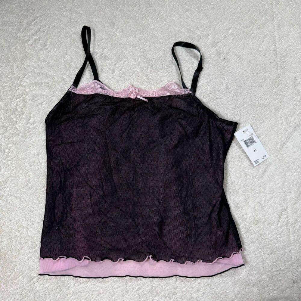 NWT Y2K Black & Pink Sheer Lace Trim Cami – Mesh Layered 2000s Tank